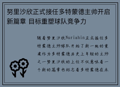 努里沙欣正式接任多特蒙德主帅开启新篇章 目标重塑球队竞争力